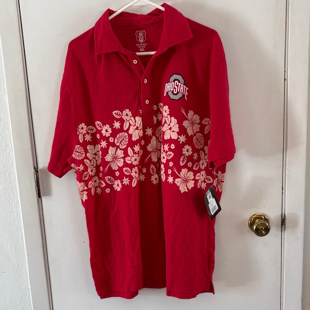 Ohio State Wes & Willy red pique tropical print polo Size XXL